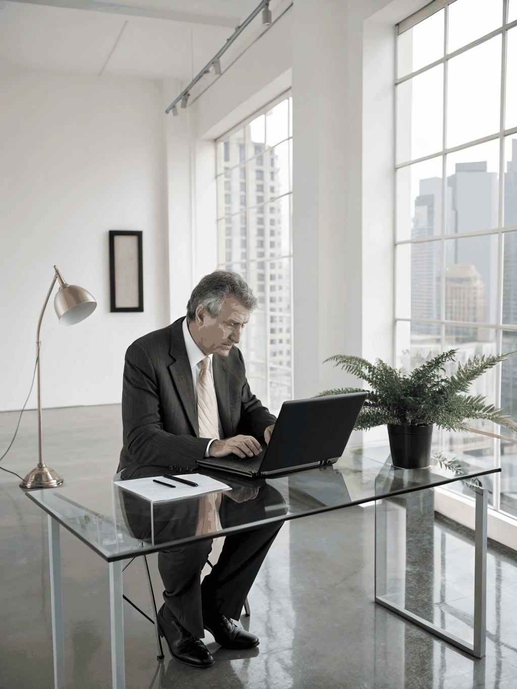 A professional consultant reviewing data analytics in a high-contrast setting